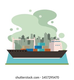 transportation cargo merchandise ship making travel with containers in distribution route crossing city cartoon vector illustration graphic design