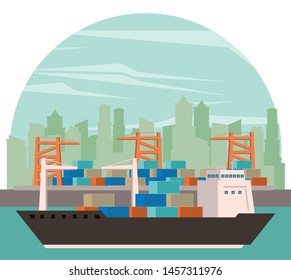 transportation cargo merchandise ship making travel with containers in distribution route crossing city port cartoon. vector illustration.