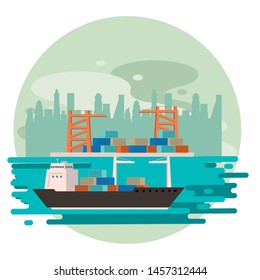 transportation cargo merchandise ship making travel with containers in distribution route crossing city port cartoon. vector illustration.