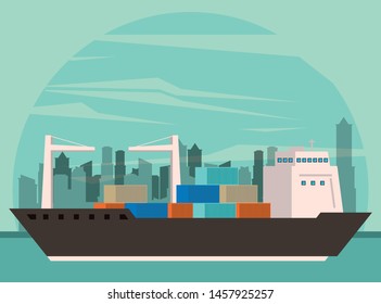 transportation cargo merchandise ship making travel with containers in distribution route crossing city cartoon vector illustration graphic design