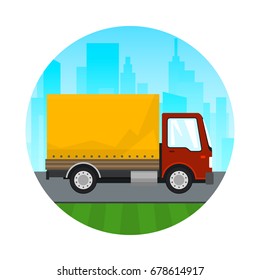 Transportation and Cargo Services, Icon Red Orange Cargo Delivery Truck on the Background of the City, Shipping and Freight of Goods, Vector Illustration 