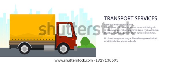 Transportation and cargo services, red\
orange cargo delivery truck on the background of the city ,\
shipping and freight of goods, vector\
illustration