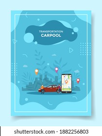 transportation carpool concept people around car smartphone map pointer location in display city for template of banners, flyer, books cover, magazines with liquid shape style