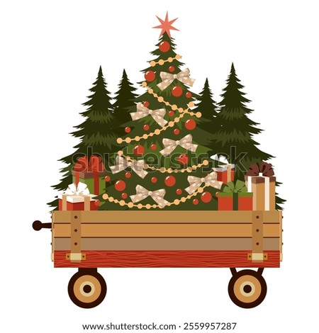 Transportation of Christmas trees and gift boxes in a rustic cart. A wheelbarrow with a decorated Christmas tree and gifts.  Illustrated vector clipart.