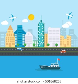 Transportation and city landscape element. container ship at freight port terminal.