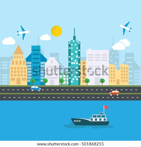 Transportation and city landscape element. container ship at freight port terminal.