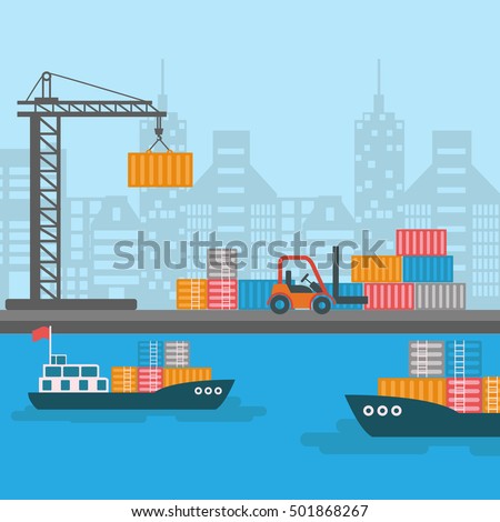 Transportation and city landscape element. container ship at freight port terminal.