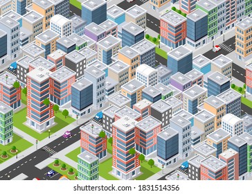 Transportation city streets intersection with houses and trees. Isometric view from above on a urban transport