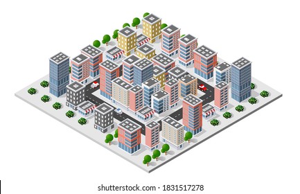 Transportation city streets intersection with houses and trees. Isometric view from above on a urban transport