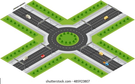 Transportation city streets intersection with houses and trees. Isometric view from above on a urban transport