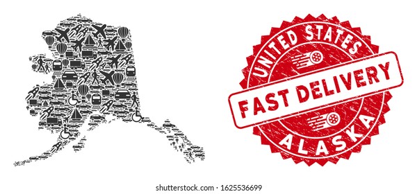 Transportation collage Alaska map and corroded stamp seal with FAST DELIVERY message. Alaska map collage created with gray random automobile icons.