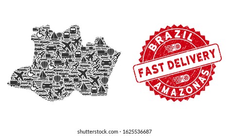 Transportation collage Amazonas State map and rubber stamp seal with FAST DELIVERY badge. Amazonas State map collage formed with gray random logistics elements.