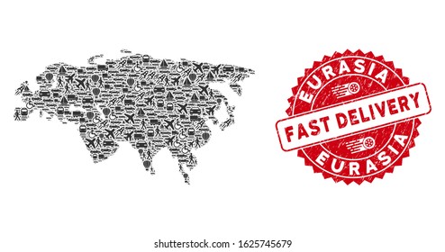 Transportation collage Eurasia map and grunge stamp watermark with FAST DELIVERY caption. Eurasia map collage designed with gray randomized truck items.