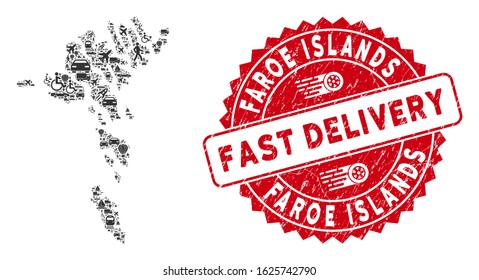 Transportation collage Faroe Islands map and distressed stamp seal with FAST DELIVERY phrase. Faroe Islands map collage formed with gray randomized vehicle items.