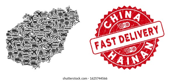 Transportation collage Hainan Island map and grunge stamp watermark with FAST DELIVERY phrase. Hainan Island map collage created with gray random travel elements.