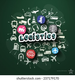Transportation collage with icons on blackboard. Vector illustration