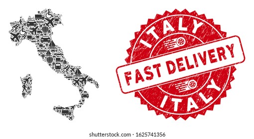 Transportation collage Italy map and grunge stamp watermark with FAST DELIVERY phrase. Italy map collage formed with grey scattered delivery items.