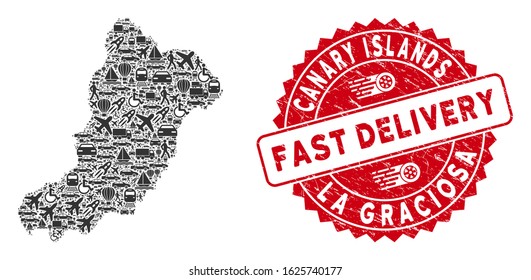 Transportation collage La Graciosa Island map and grunge stamp seal with FAST DELIVERY caption. La Graciosa Island map collage designed with grey random delivery elements.