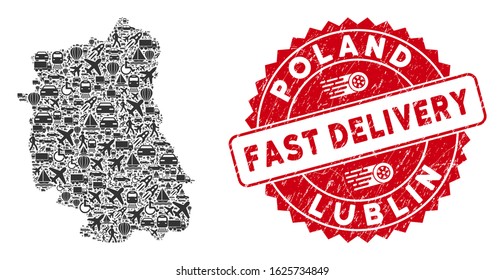 Transportation collage Lublin Voivodeship map and rubber stamp watermark with FAST DELIVERY message. Lublin Voivodeship map collage composed with grey scattered deliver elements.