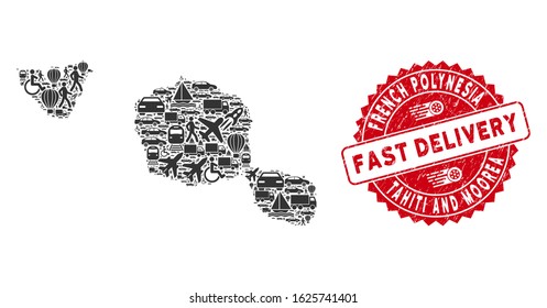 Transportation collage Tahiti and Moorea islands map and grunge stamp watermark with FAST DELIVERY text. Tahiti and Moorea islands map collage constructed with grey random traffic symbols.