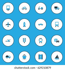 Transportation Colorful Icons Set. Collection Of Parking, Scooter, Way And Other Elements. Also Includes Symbols Such As Bicycle, Sea, Helicopter.