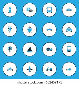 Transportation Colorful Icons Set. Collection Of Stoplight, Missile, Plane And Other Elements. Also Includes Symbols Such As Aerostat, Light, Balloon.