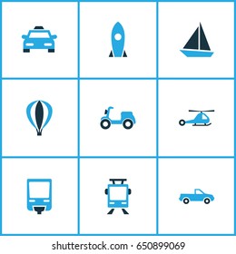 Transportation Colorful Icons Set. Collection Of Cab, Scooter, Cabriolet And Other Elements. Also Includes Symbols Such As Cabriolet, Trolley, Moped.