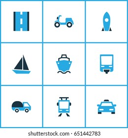 Transportation Colorful Icons Set. Collection Of Tanker, Trolley, Caravan And Other Elements. Also Includes Symbols Such As Cab, Caravan, Van.