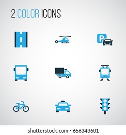 Transportation Colorful Icons Set. Collection Of Parking, Way, Chopper And Other Elements. Also Includes Symbols Such As Parking, Bus, Road.