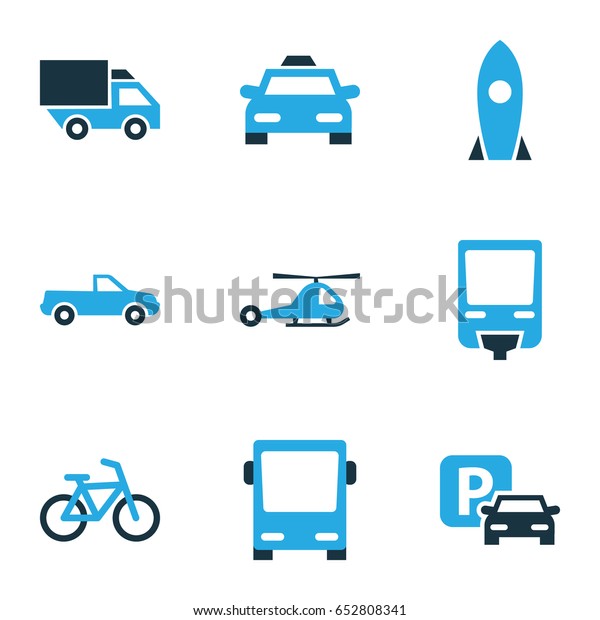 Transportation Colorful Icons Set. Collection Of
Chopper, Cabriolet, Autobus And Other Elements. Also Includes
Symbols Such As Rocket, Carrier,
Chopper.
