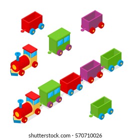 Transportation Colorful Train Toy Row Isometric View. Locomotive Cargo. Vector illustration