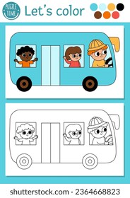 Transportation coloring page for children with bus, driver, passengers. Vector water transport outline illustration. Color book for kids with colored example. Drawing skills printable worksheet
