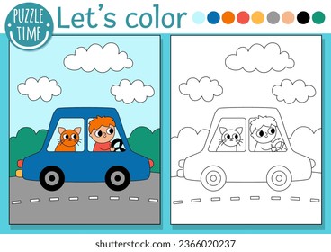 Transportation coloring page for children with car, driver, cat. Vector water transport outline illustration. Color book for kids with colored example. Drawing skills printable worksheet
