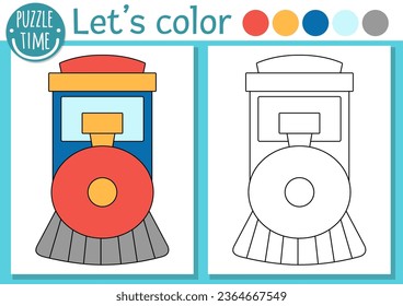 Transportation coloring page for children with engine. Vector water transport outline illustration with cute steam train. Color book for kids with colored example. Drawing skills printable worksheet
