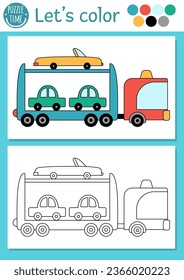 Transportation coloring page for children with tow truck. Vector water transport outline illustration. Color book for kids with colored example. Drawing skills printable worksheet
