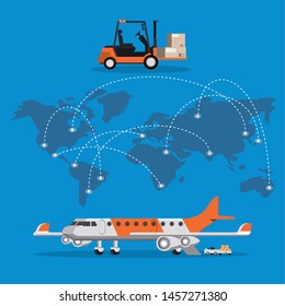 transportation commercial passengers airplane with forklift cargo making logistic for travel around the world cartoon vector illustration graphic design