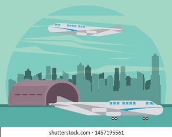transportation commercial passengers airplane waiting to taking off at airport runway cartoon vector illustration graphic design