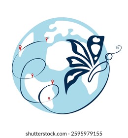 Transportation company logo transportation around world. Elegant butterfly on the globe, geolocation to all countries. Editable vector icon of travel business. Beautiful and easy