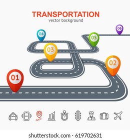 Transportation Concept Card or Poster for City Road with Location Mark and Icons Set. Vector illustration