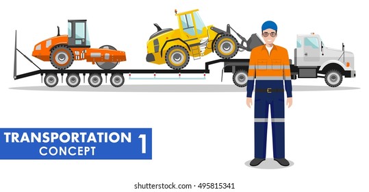 Transportation concept. Detailed illustration of auto transporter, wheel loader, compactor  and driver on white background in flat style. Heavy construction machines. Vector illustration.