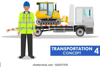 Transportation concept. Detailed illustration of auto transporter, dozer and driver on white background in flat style. Heavy construction machines. Vector illustration.