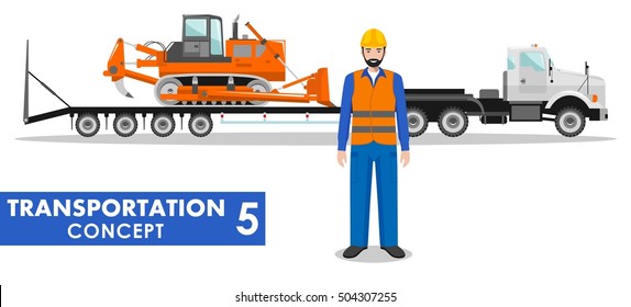 Transportation concept. Detailed illustration of auto transporter, dozer and driver on white background in flat style. Heavy construction machines. Vector illustration.