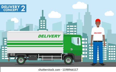 Transportation concept. Detailed illustration of delivery truck and african american driver, deliveryman on background with cityscape in flat style. Vector illustration.