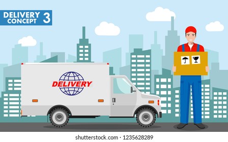 Transportation concept. Detailed illustration of delivery truck and driver, deliveryman hold the box on background with cityscape in flat style. Vector illustration.