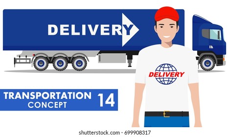 Transportation concept. Detailed illustration of delivery truck and driver on white background in flat style. Vector illustration.