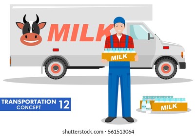 Transportation Concept. Detailed Illustration Of Driver, Farmer And Milk Truck On White Background In Flat Style. Vector Illustration.