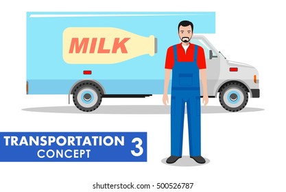 Transportation Concept. Detailed Illustration Of Milk Truck And Driver On White Background In Flat Style. Vector Illustration.