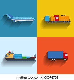 Transportation concept flat icons. Cargo ship and plane and truck vector illustration.