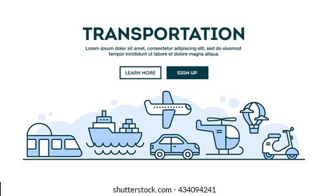 Transportation, concept header, flat design thin line style, vector illustration