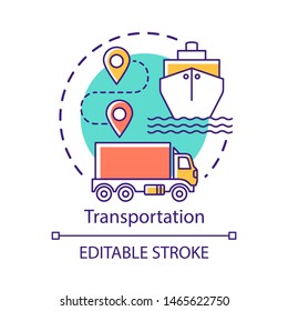 Transportation concept icon. Shipping by sea and by land. Route, ship, truck. Logistics and distribution. Cargo delivery idea thin line illustration. Vector isolated outline drawing. Editable stroke